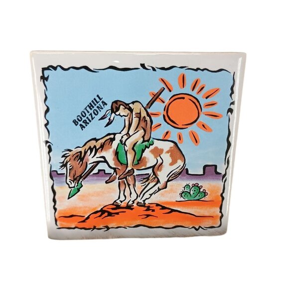 Vintage Boothill Arizona Ceramic Wall Tile Plaque With Western Cowboy Artwork & - Picture 1 of 5